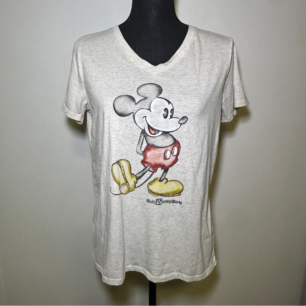 Disney Oatmeal Mickey Mouse Faded Vintage Style Pencil Sketch V-Neck Shirt
